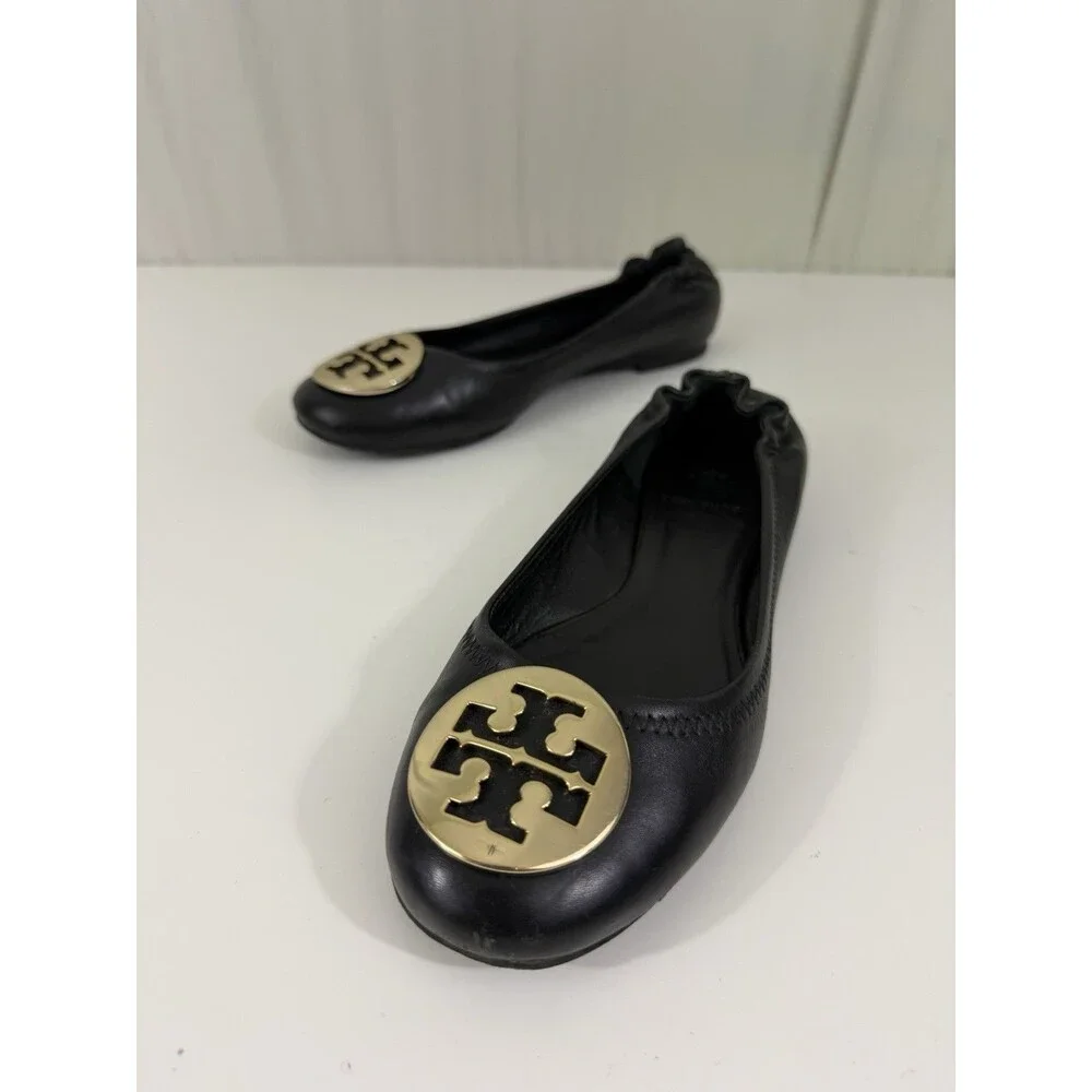 Tory Burch Reva Black Leather Gold Logo Medallion Ballet Flats Women’s Sz 7